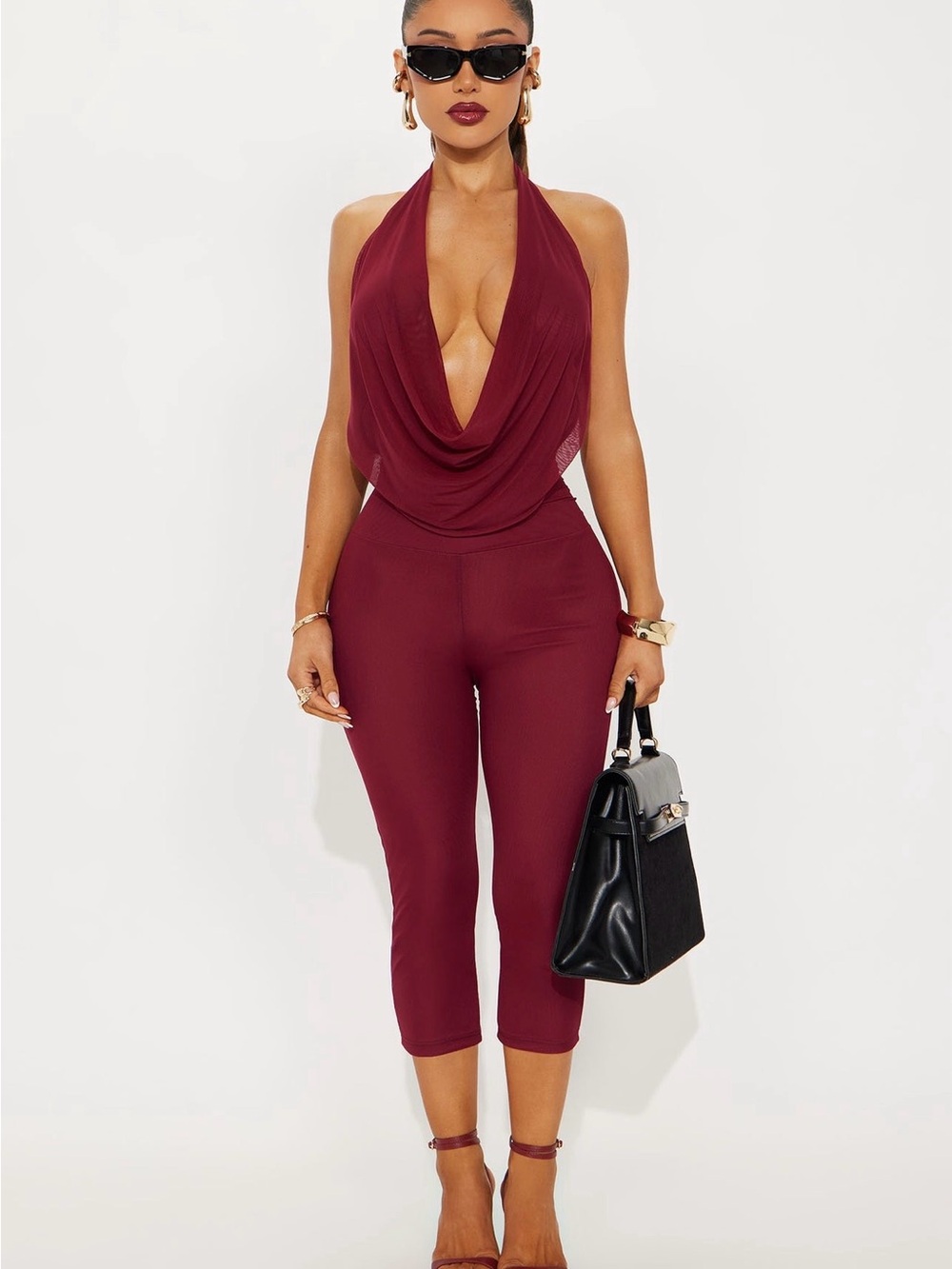 Fashion Nova Burgundy Halter Draped Crop Jumpsuit